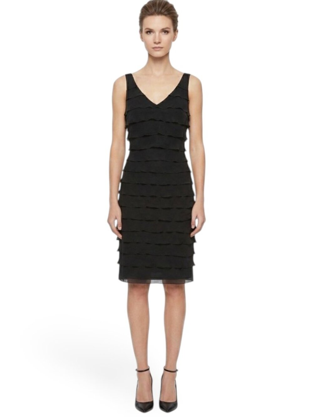 Chetta B Black Silk Tiered Layered Sleeveless Sheath Party Evening Dress NWT 14